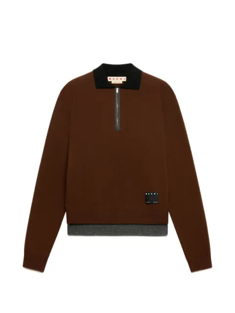 Marni brown cashmere polo jumper with layered effect