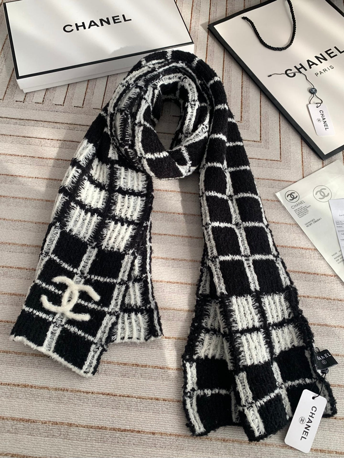 Chanel Style Fuzzy Windowpane Plaid Scarf