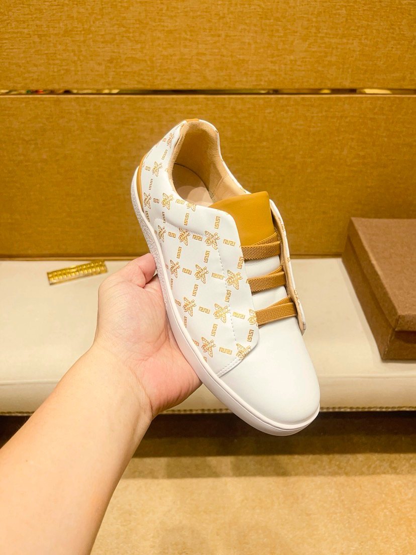 Beige Patterned Gold Stripe Low-Top Sneakers