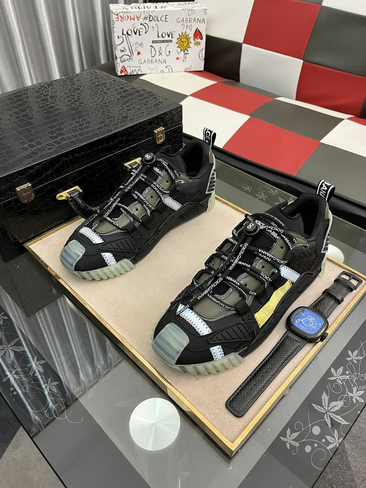 Dolce & Gabbana Black and Gray Sneakers with Yellow Accent