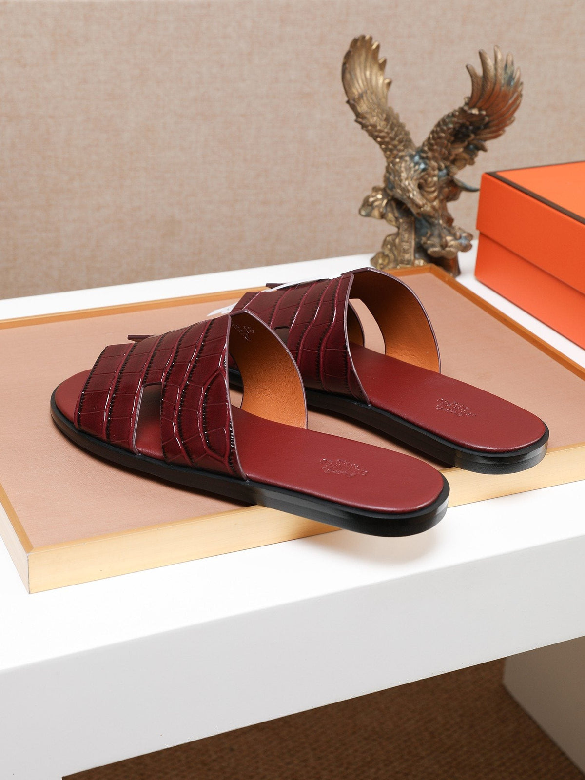 Hermès Burgundy Textured H Slide Sandals