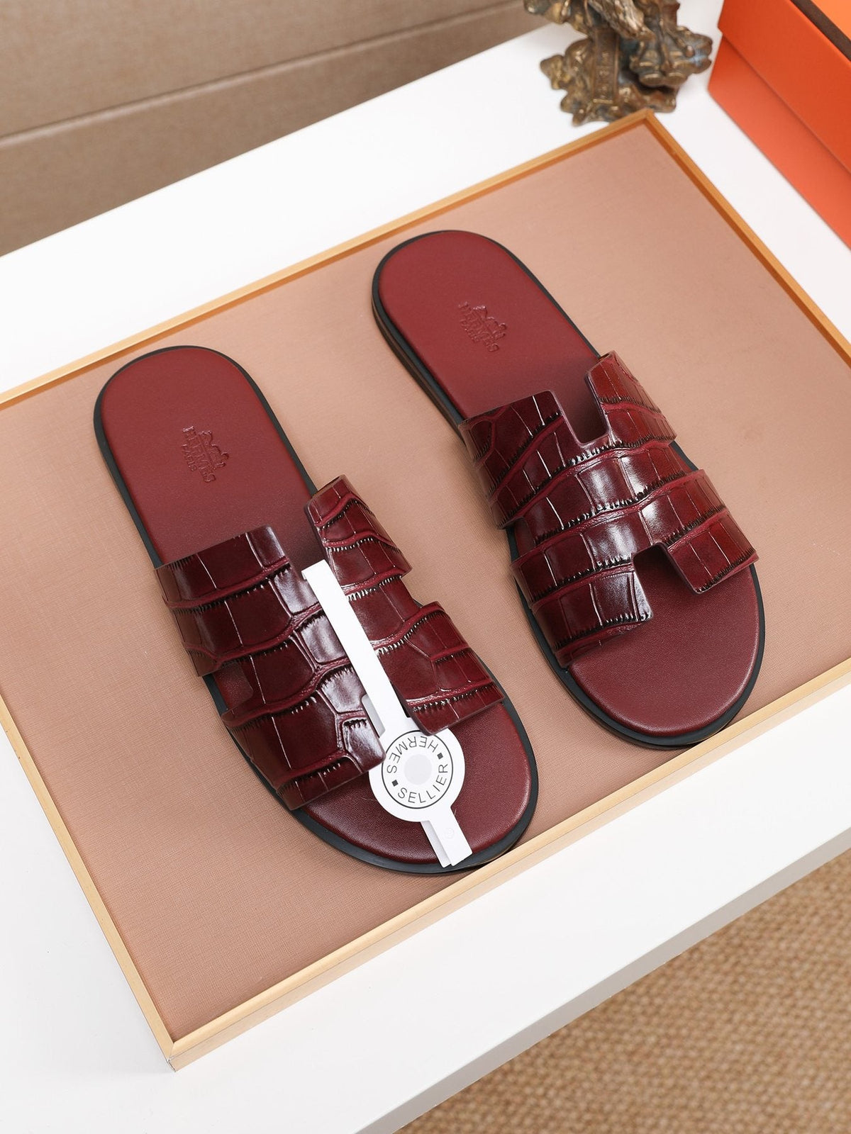 Hermès Burgundy Textured H Slide Sandals