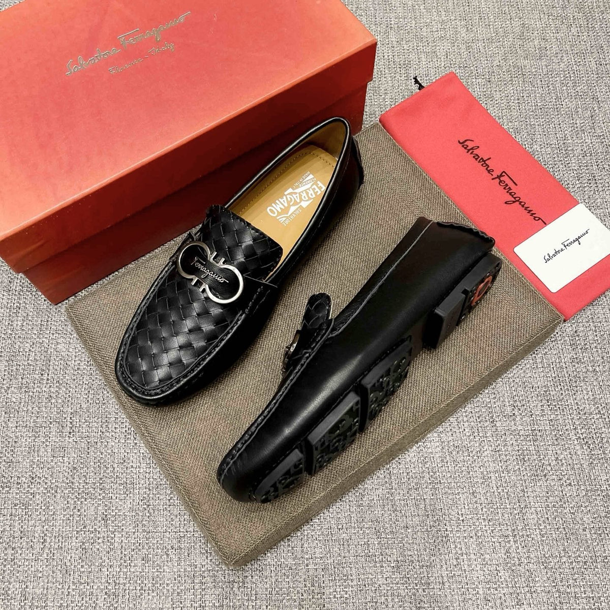 Ferragamo Black Woven Driving Loafers