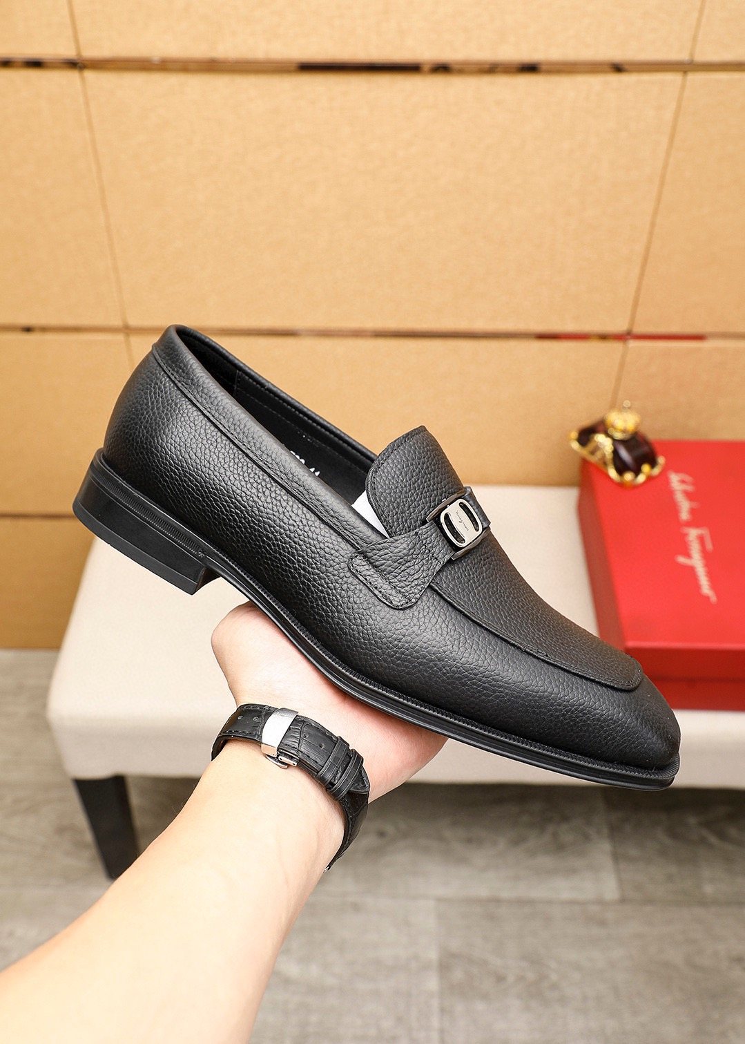 Ferragamo Men's Textured Leather Loafers - Stacked Heel